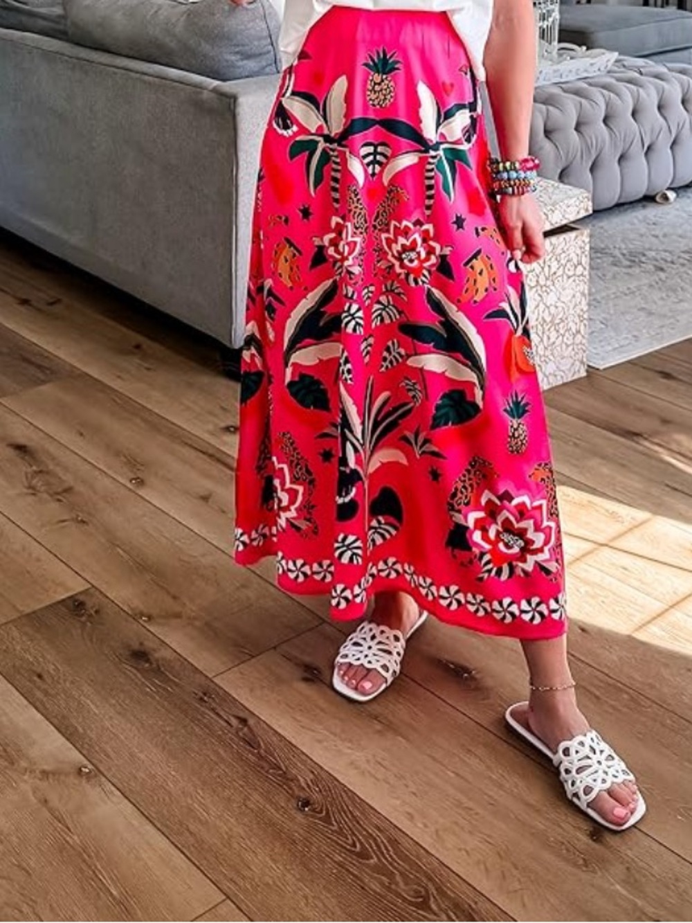 Vibrant Pink Floral Midi Skirt, Zip back🎆